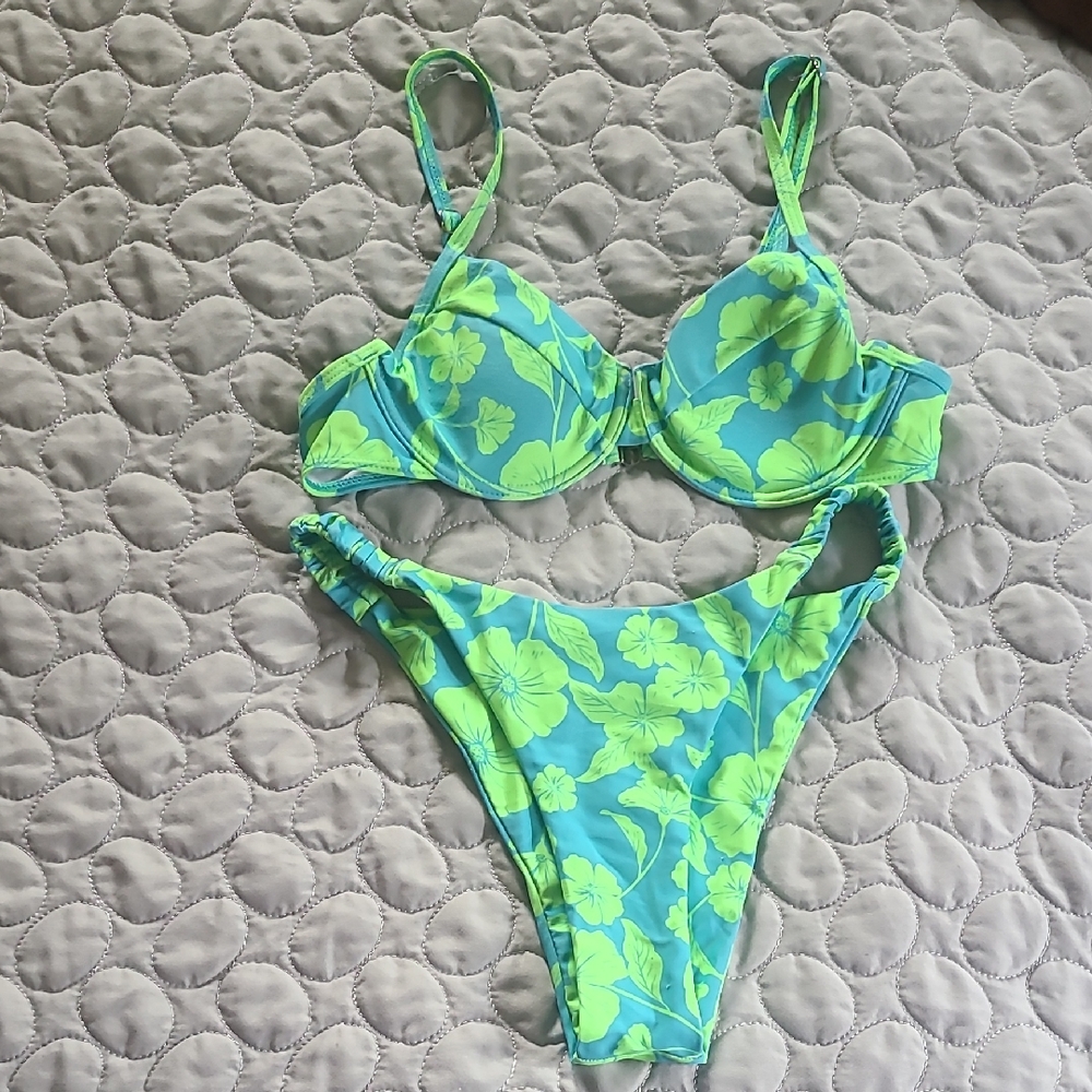 Floral Green and Blue Bikini Set